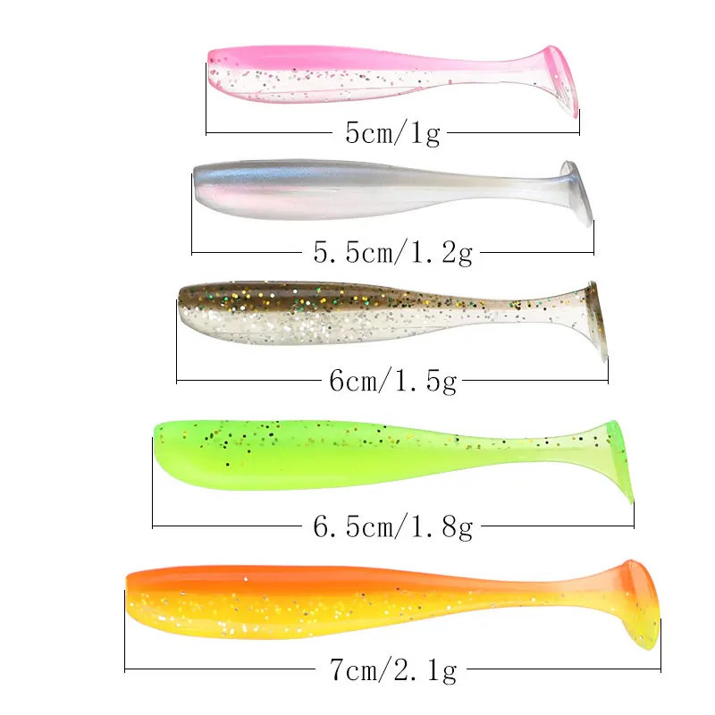 Paquete de caja JYJ 50 Uds 5cm 5,5 cm 6cm 7cm cebos de cola de paleta de cola en T suave, isca artificial pesca wobbler bass minnow señuelo de sílice - imagen 4