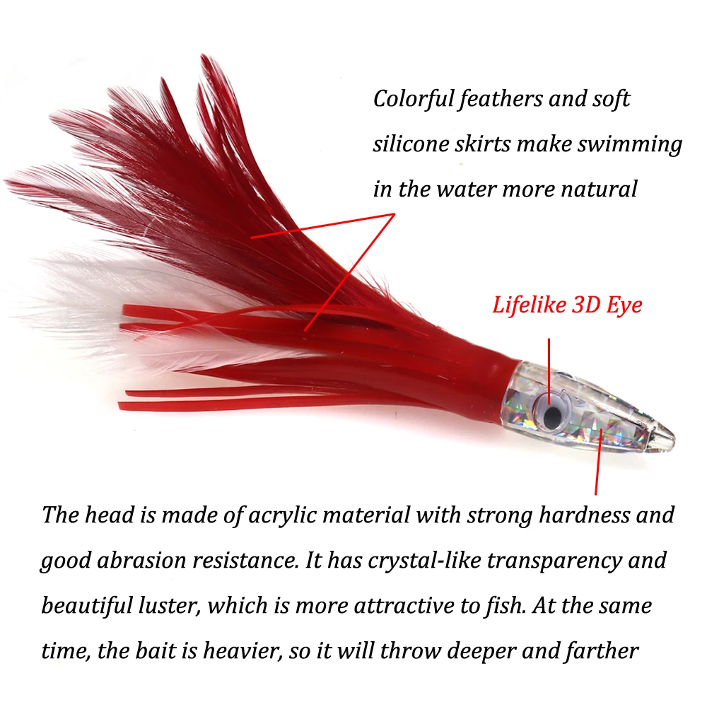 Señuelo con cabeza de resina acrílica para pesca en el mar, cebo con forma de pulpo, falda y pluma, 14cm/30g, para pesca de arrastre grande, atún, Wahoo, 5 colores - imagen 5