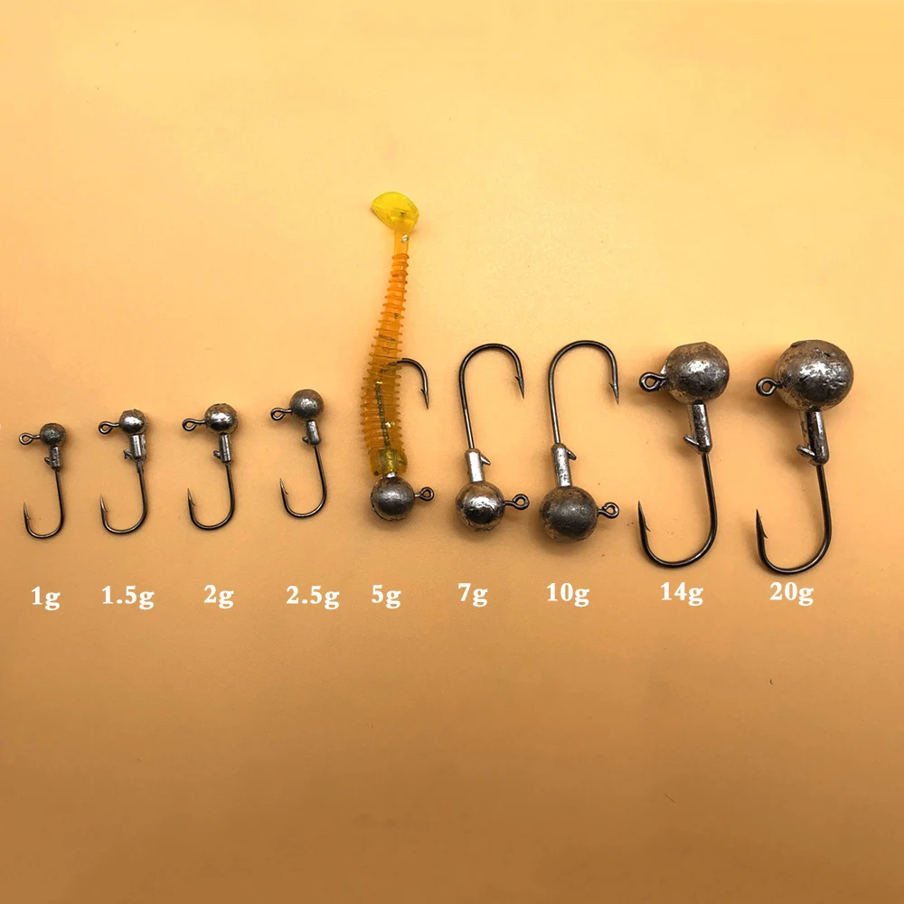 Anzuelos con cabeza de anzuelo de Metal, 50 unidades/caja, anzuelo de pesca de mar con púas compensadas, 1g-20g para cebo de gusano blando con caja y señuelos blandos - imagen 5