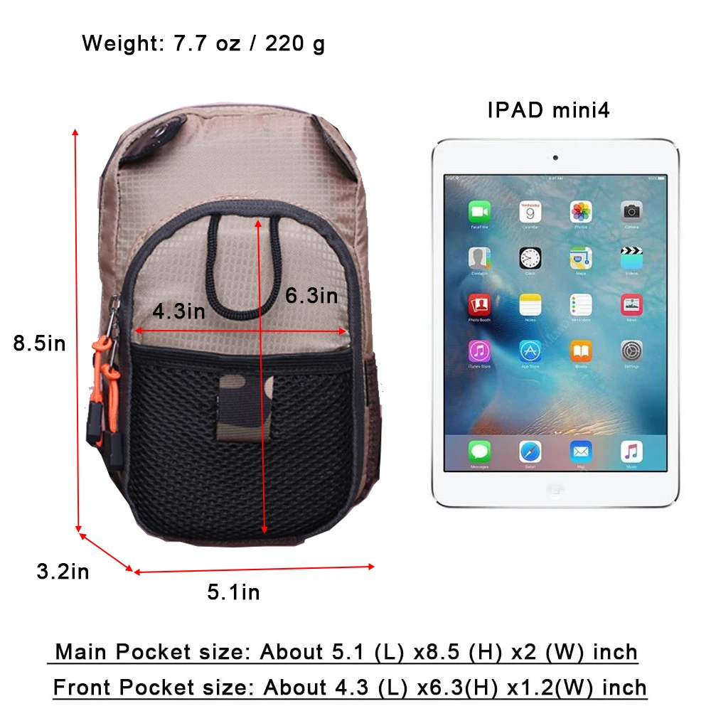 Mochila pequeña y rectangular con bolsillo frontal y compartimento principal. La mochila parece estar diseñada para llevar un iPad mini, como lo indica el texto IPAD mini4 y las dimensiones proporcionadas.