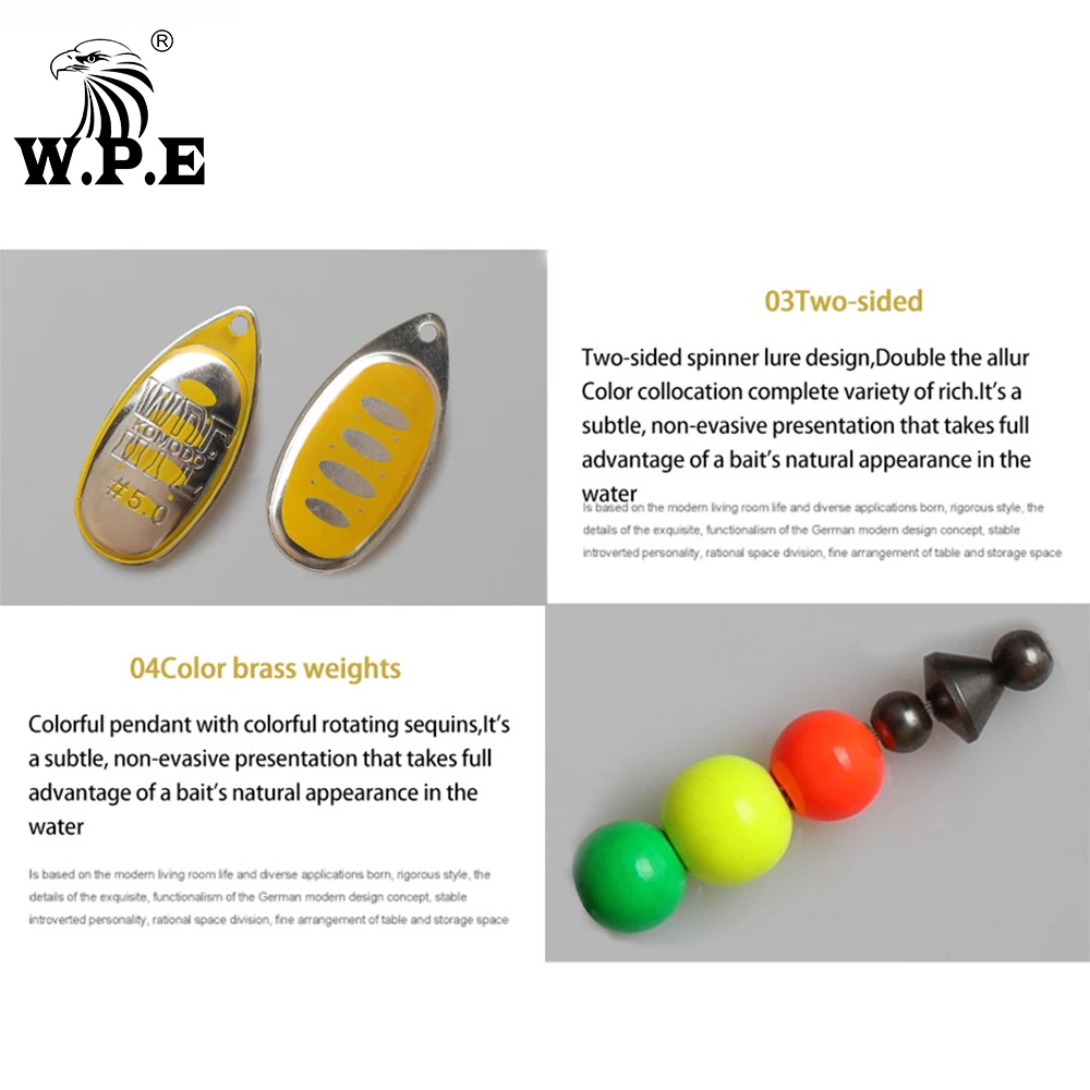 W.P.E-señuelo de cuchara para pesca, 1 unidad, 4 #/5 #, señuelo giratorio para lubina, cebo duro de latón para nadar, pluma con anzuelos triples, aparejos Wobblers - imagen 5