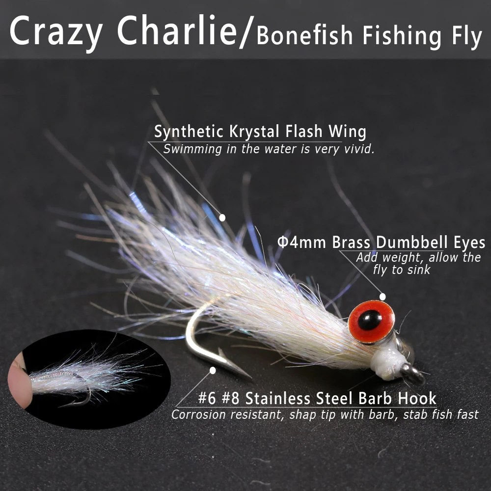 Bimoo-moscas de pesca de agua salada para Seatrout, Crazy Charlie Bonefish, 14 unidades, #6, #8, perla, Ojo de mancuerna de latón - imagen 2