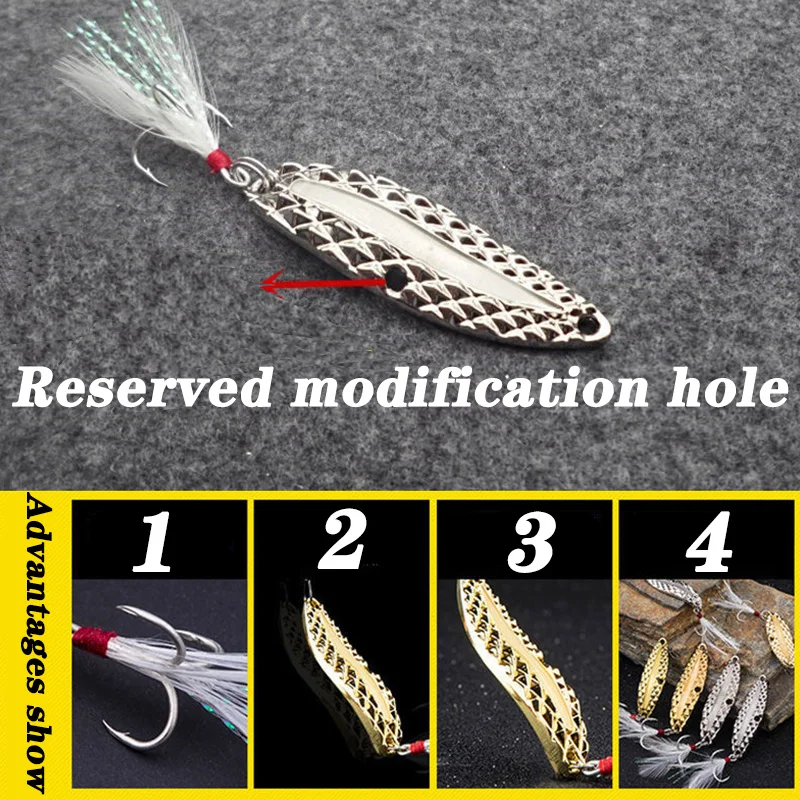 Señuelo giratorio luminoso de Metal para pesca de lubina, señuelo de lentejuelas, Wobblers artificiales, cebo de plumas, anzuelo triple, 1 ud., 7g, 10g, 15g - imagen 4