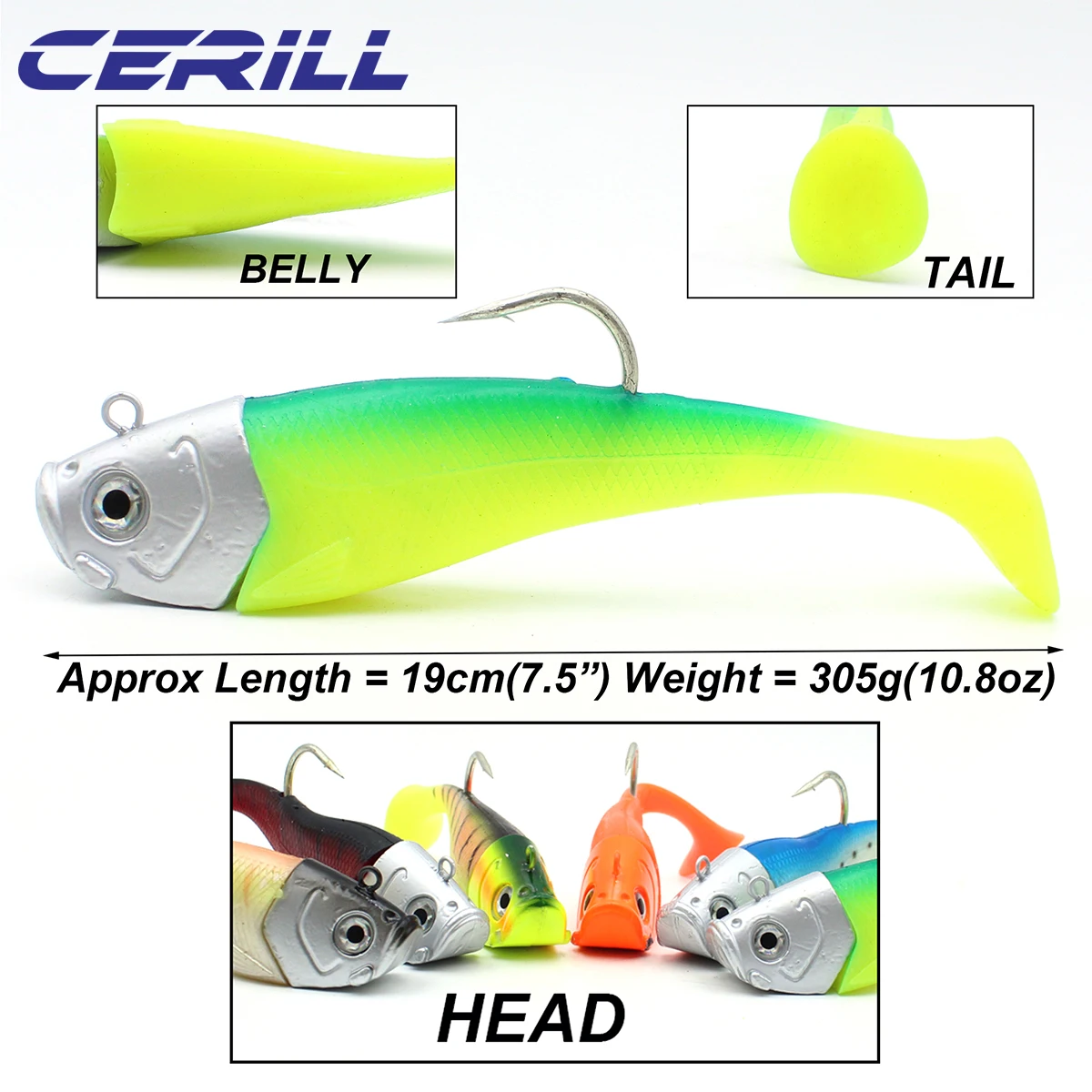 Ceril-señuelo de pesca suave de silicona Artificial para lubina, cebo de cabeza de plantilla de plomo de carpa realista de mar, Jigging, ojos 3D, Wobbler, 190mm, 305 g - imagen 3