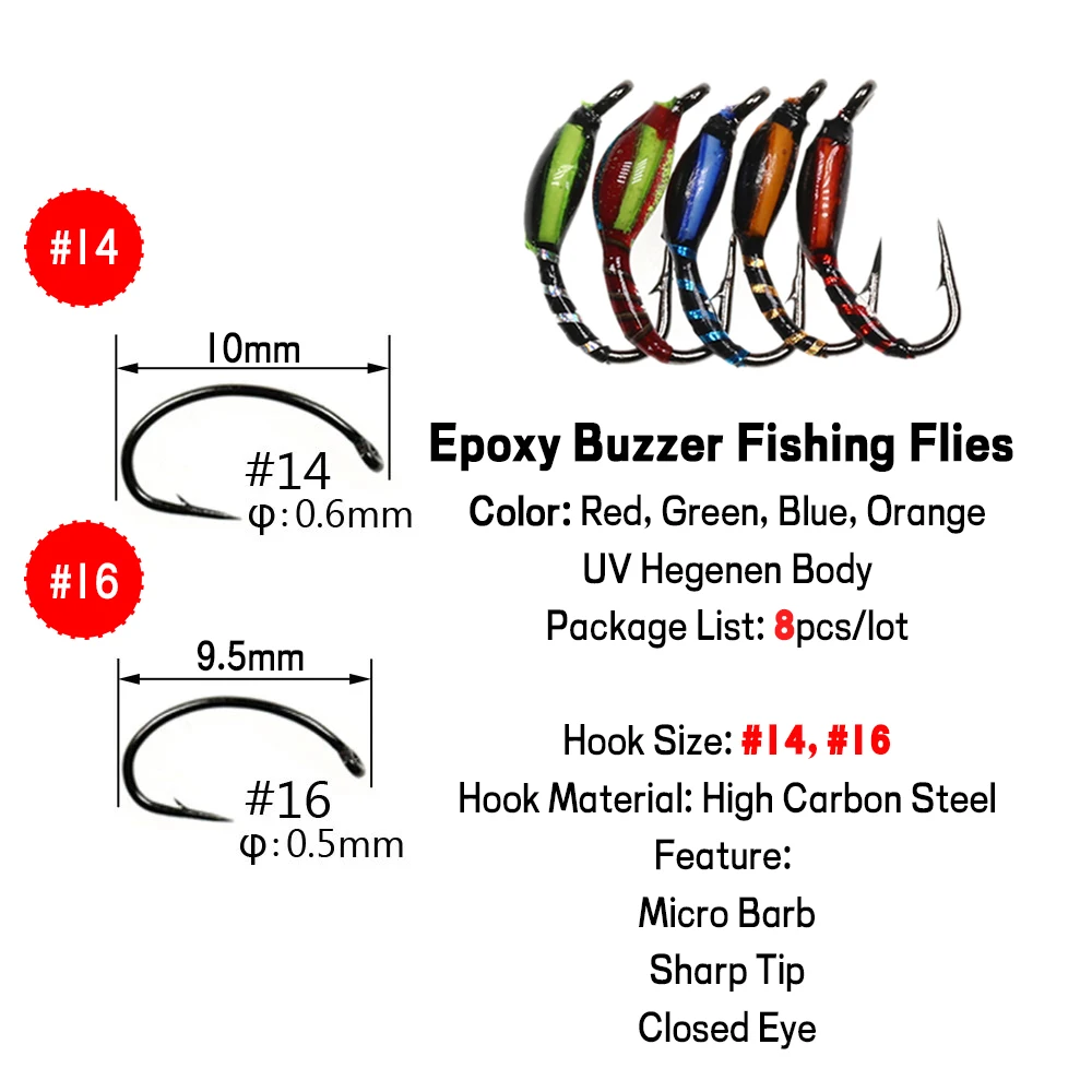 Wifreo 8 piezas # 14/16 epoxi Midge Buzzer ninfa mosca trucha pesca señuelo cebos insecto UV Hegenen moscas corporales - imagen 2