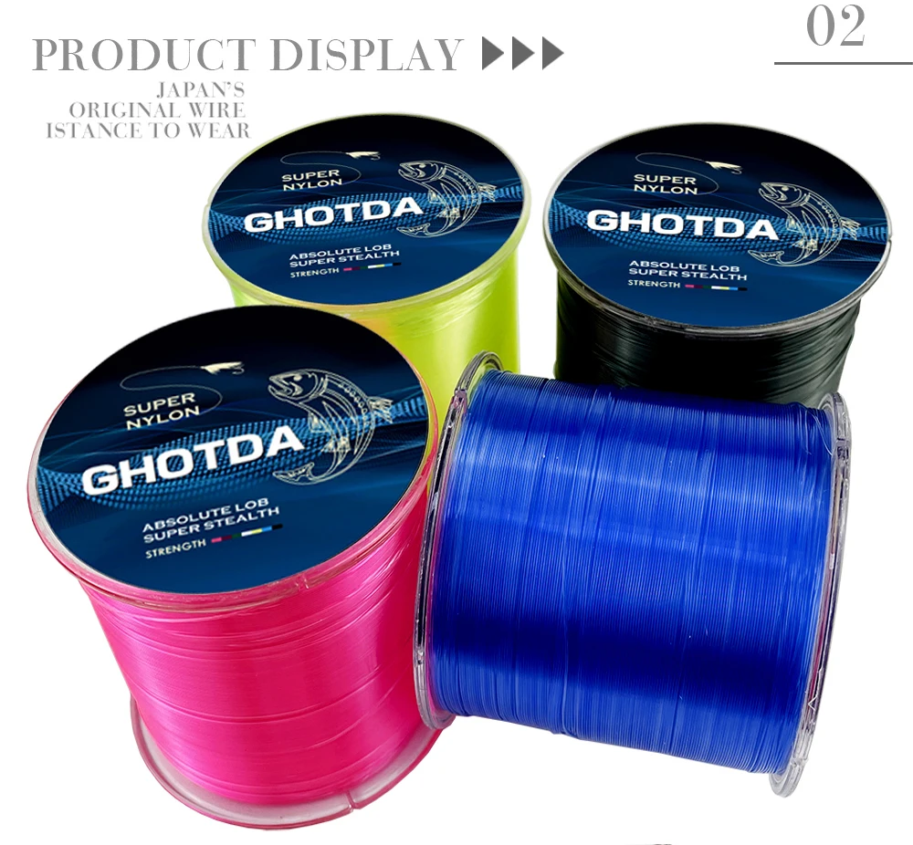 Tres carretes de hilo de pescar. Cada carrete tiene una etiqueta que dice SUPER NYLON GHOTDA e incluye texto adicional como ABSOLUTE LOB y SUPER STRENGTH.
