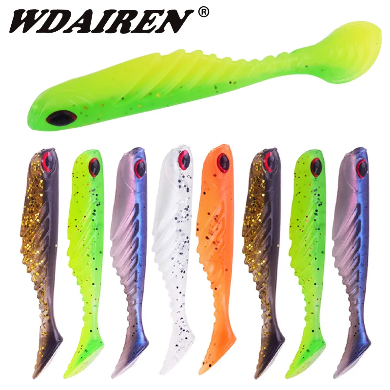 Señuelo suave para sábalo de Pesca, cebo Artificial de silicona, ojos 3D, 7cm, 2,9g, aparejos de cola en T, 5 unids/lote