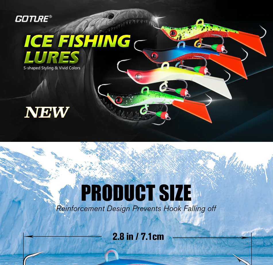 Señuelo Goture mostrando su diseño de 71mm 14g para pesca de invierno y wobblers para perca y lucio