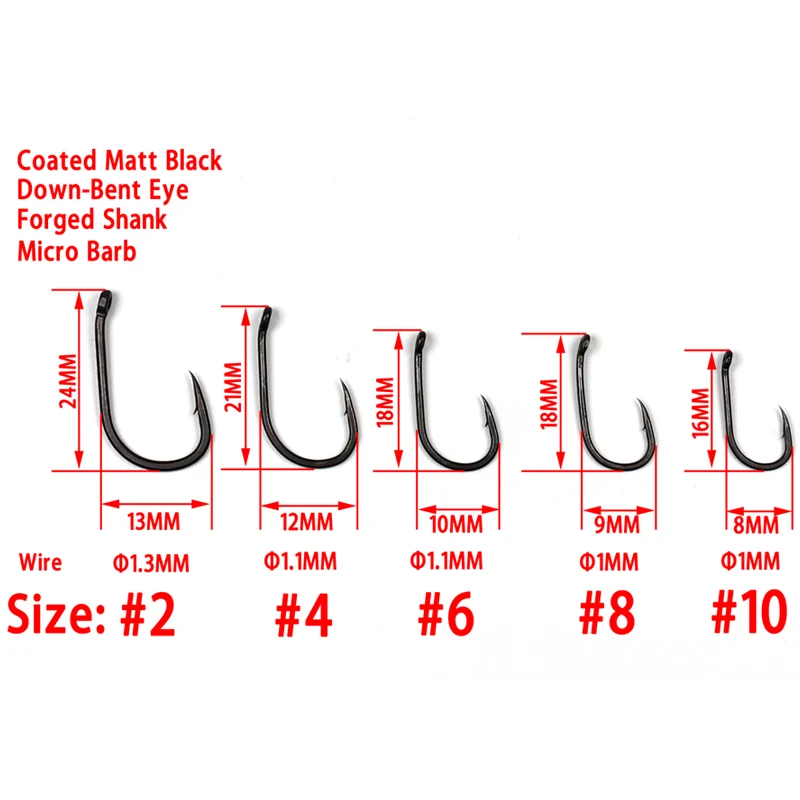 Bimoo-anzuelos de pesca de carpa recubiertos, anzuelos de acero de alto carbono, color negro mate, tamaño 2, 4, 6, 8, 10, 20 unidades - imagen 2
