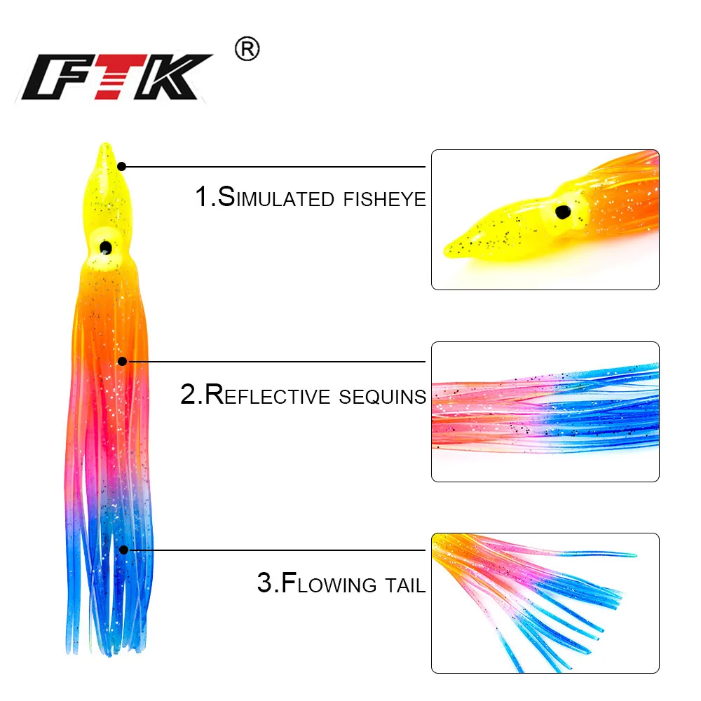 FTK 5 uds faldas de goma de calamar suave 9cm 12cm pulpo Señuelos de pesca blandos plantillas de pesca cabeza cebos de pez vela 8 colores - imagen 3
