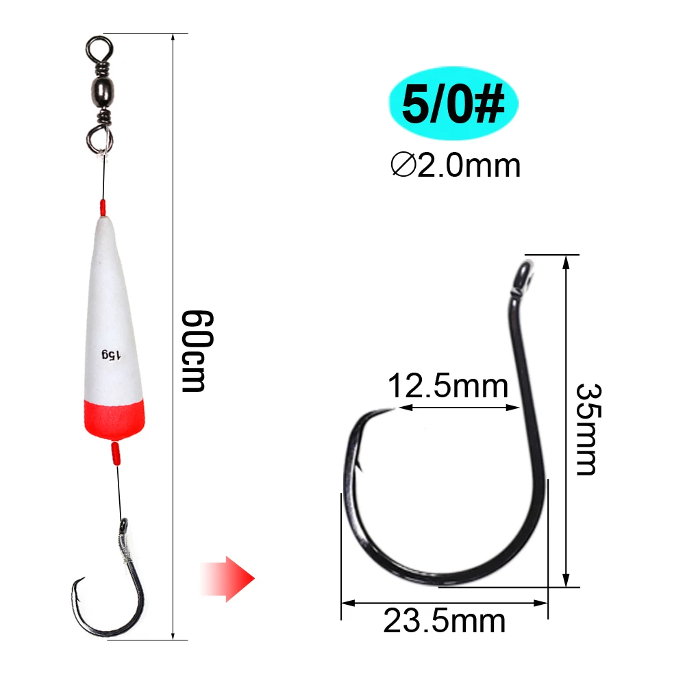 Bimoo-Juego de aparejos de pesca de pez gato, anzuelos de águila hechos a mano, de cabeza plana, canal azul, flotador antideslizante, para carpa, 3/0, 4/0, 5/0, 1 Juego - imagen 4