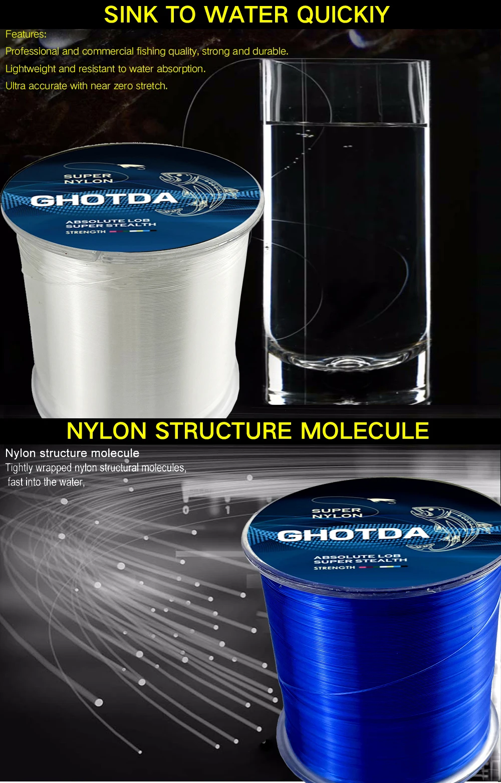 Dos bobinas de hilo de pescar, concretamente de la marca GHOTDA, que es un tipo de hilo de pescar con moléculas de estructura de nailon. El carrete de la izquierda es blanco y el de la derecha es azul.