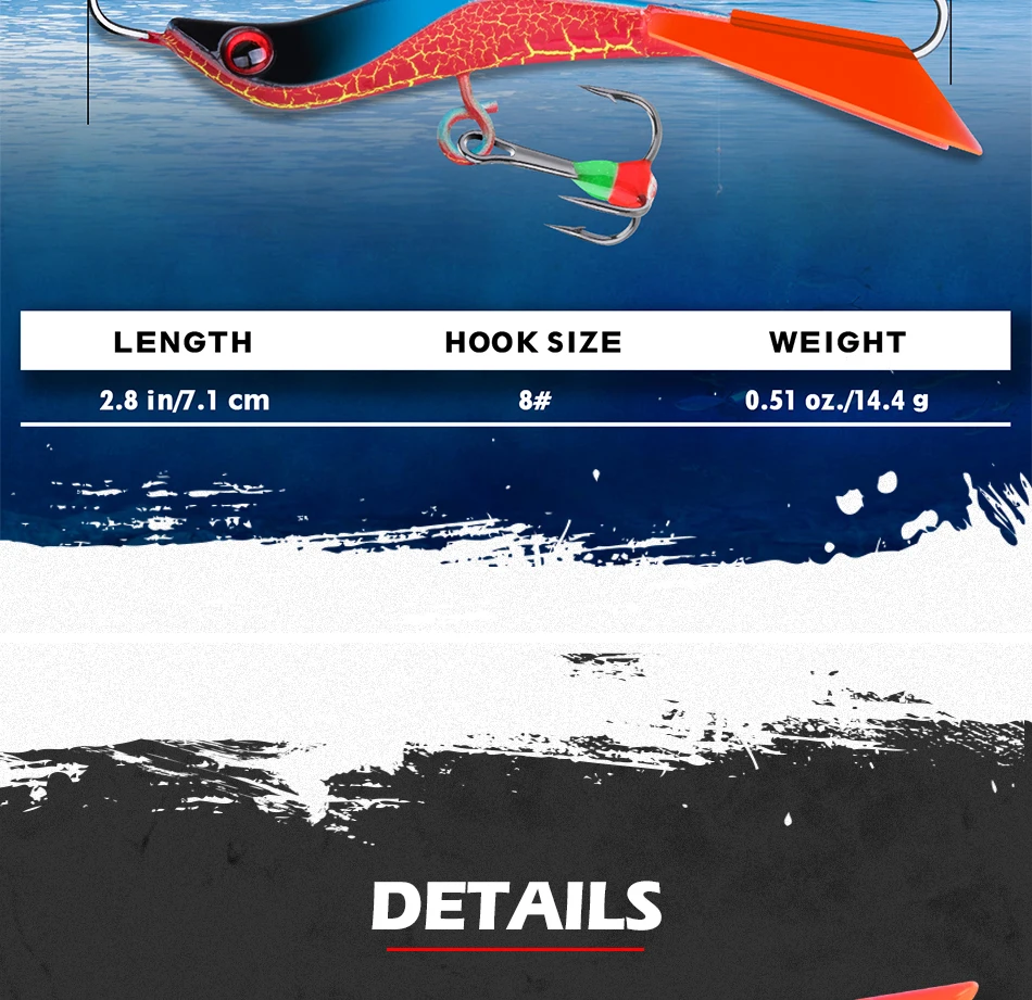 Plantilla de hielo mostrando su forma S y ojos 3D de pez con diseño de tres anzuelos con cuentas de colores