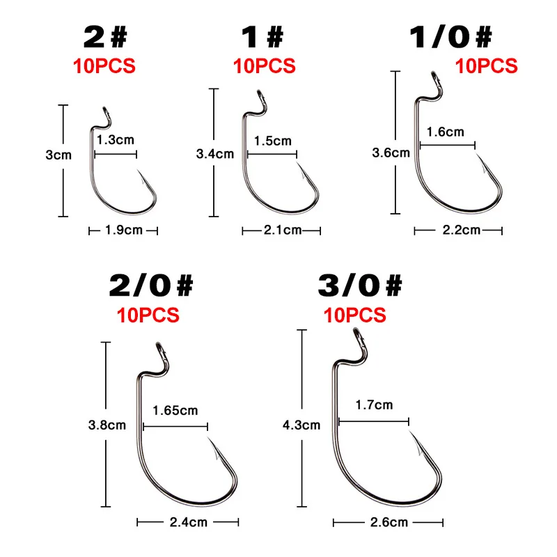 Mosodo-anzuelos de gusano para señuelos, juego de anzuelos de gusano para señuelos blandos, anzuelos de compensación de plantilla ancha, Kit de accesorios de aparejos de Pesca de lubina #2 #1 1/0, 50 Uds. - imagen 3