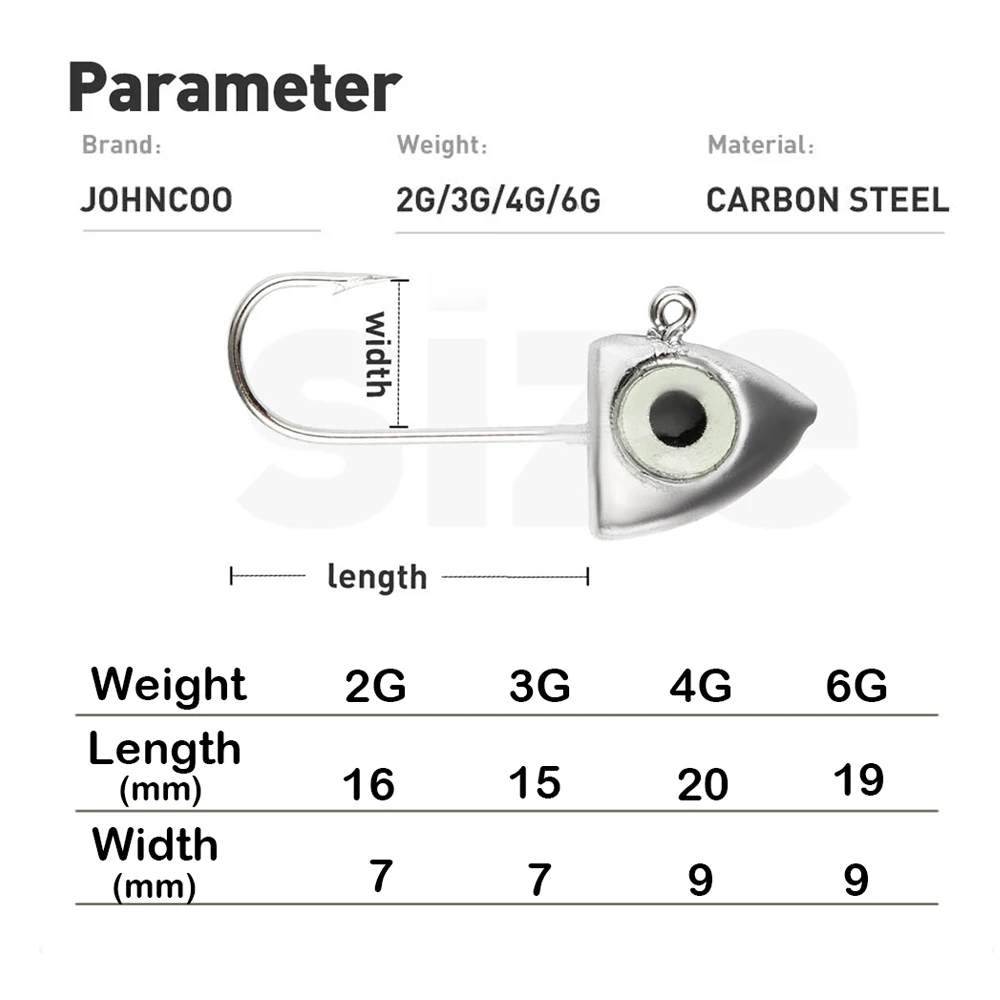 JOHNCOO-anzuelo de pesca con cabeza de anzuelo de ojo 3D luminoso, 8 Uds., 2g, 3g, 4g, 6g, plantilla para pesca de carpa, señuelo suave, pesca de lubina - imagen 2