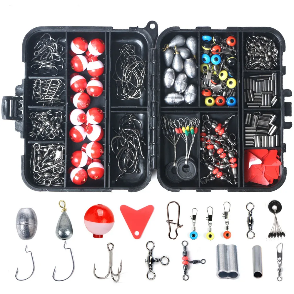263 unids/set Kit de accesorios de pesca que incluye anzuelos, balas, lubina, pesas giratorias, broches, diapositivas, caja de aparejos