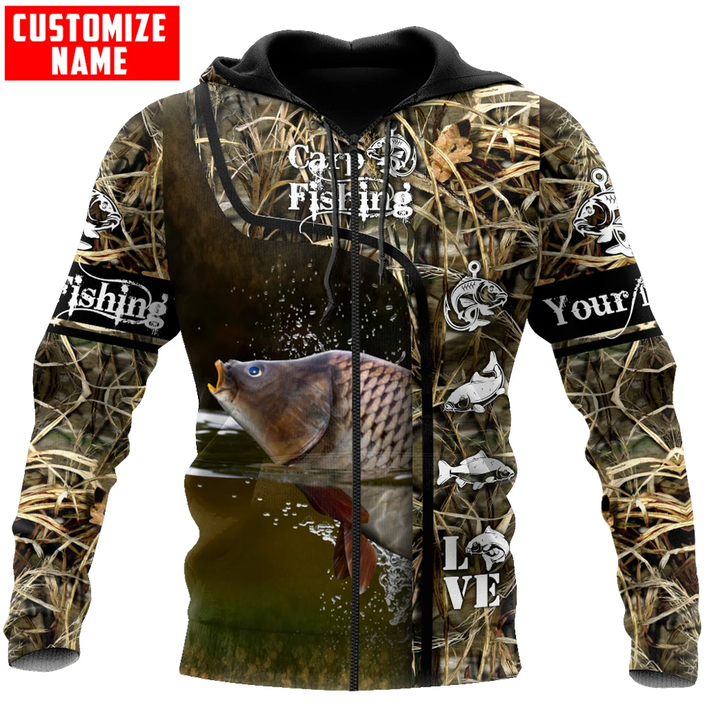 Sudadera con capucha y sudadera con estampado 3D de camuflaje para pesca de carpa con nombre personalizado para hombre, Sudadera con capucha con cremallera Unisex de otoño, chándales informales KJ784 - imagen 3
