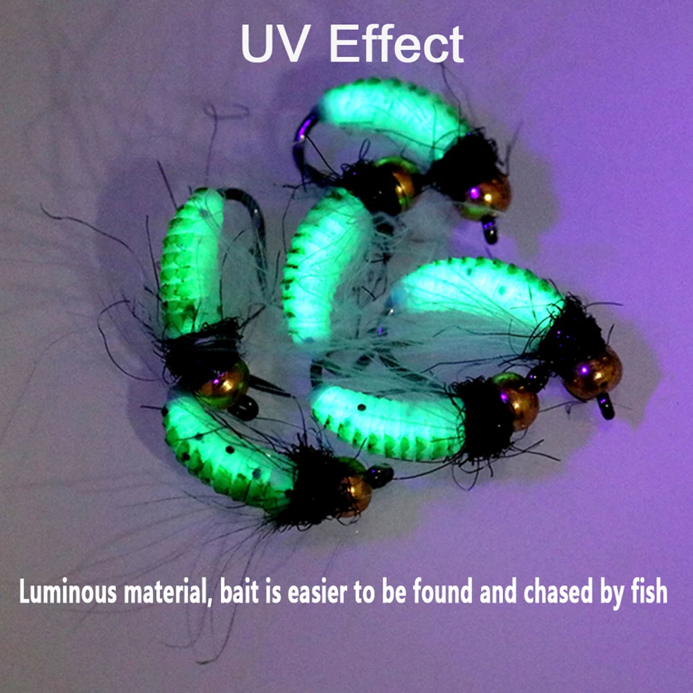 ICERIO 8 Uds cabeza de cuentas de latón hundimiento rápido Caddis verde UV gusano Ninfa Scud piel mosca con pluma CDC Hackle para señuelo de pesca de trucha - imagen 5