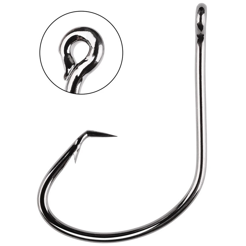 Anzuelos de pesca de acero con alto contenido de carbono mostrando su caja de púas y cabeza de plantilla