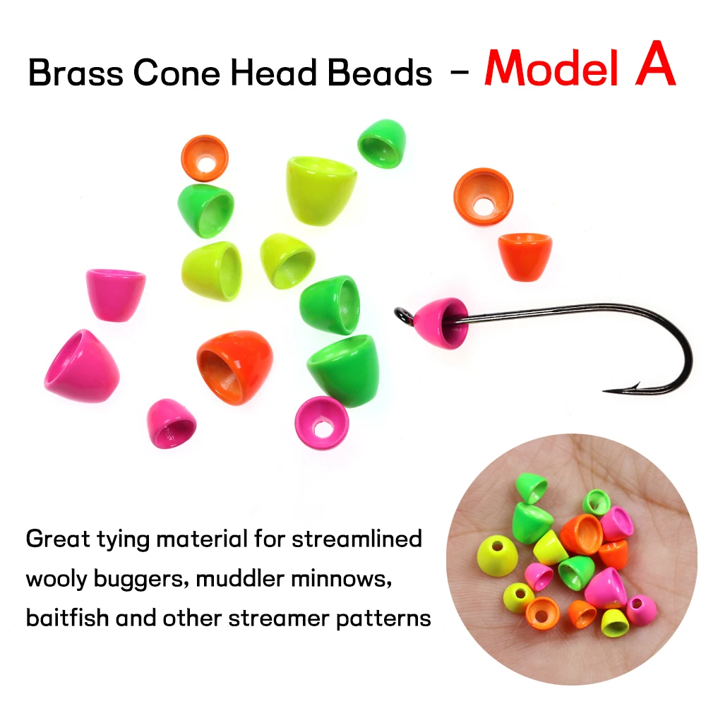 Bimoo 20 piezas cuentas de cabeza de cono de latón fluorescente serpentinas sanguijuela Baitfish tubo moscas atado Material verde naranja amarillo - imagen 2