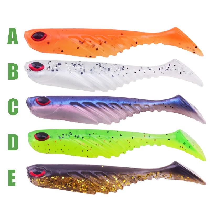 Señuelo suave para sábalo de Pesca, cebo Artificial de silicona, ojos 3D, 7cm, 2,9g, aparejos de cola en T, 5 unids/lote