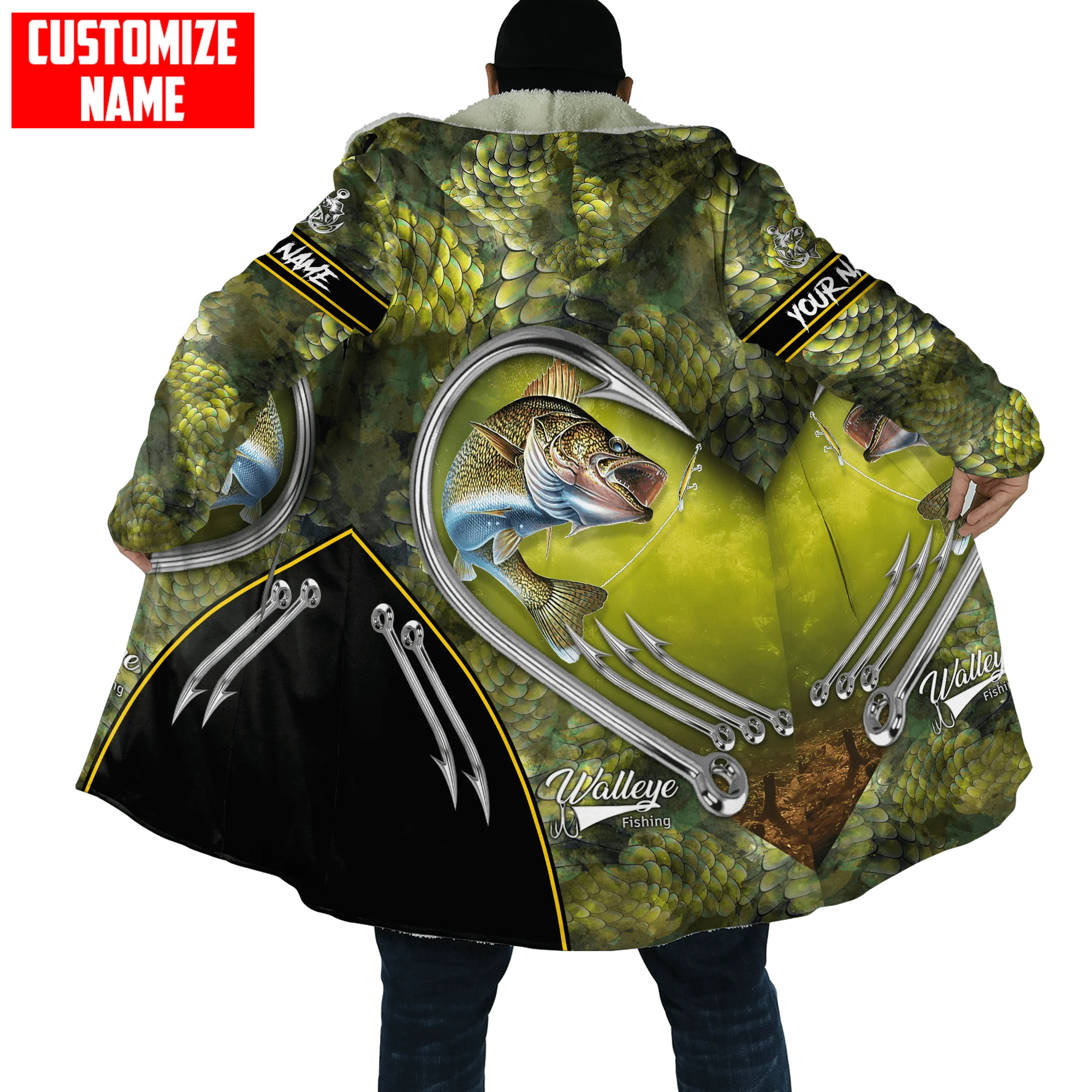 Capa de invierno para hombre con nombre personalizado, piel de pesca de trucha, camuflaje, estampado 3D, Abrigo con capucha de lana gruesa, capa cálida informal Unisex DP18 - imagen 4