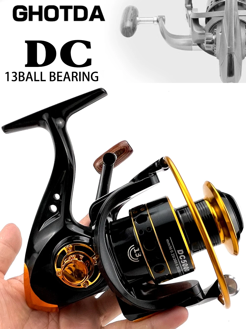 Un carrete de pesca, concretamente un modelo DC (Dual Cast) con 13 rodamientos de bolas, como indica el texto