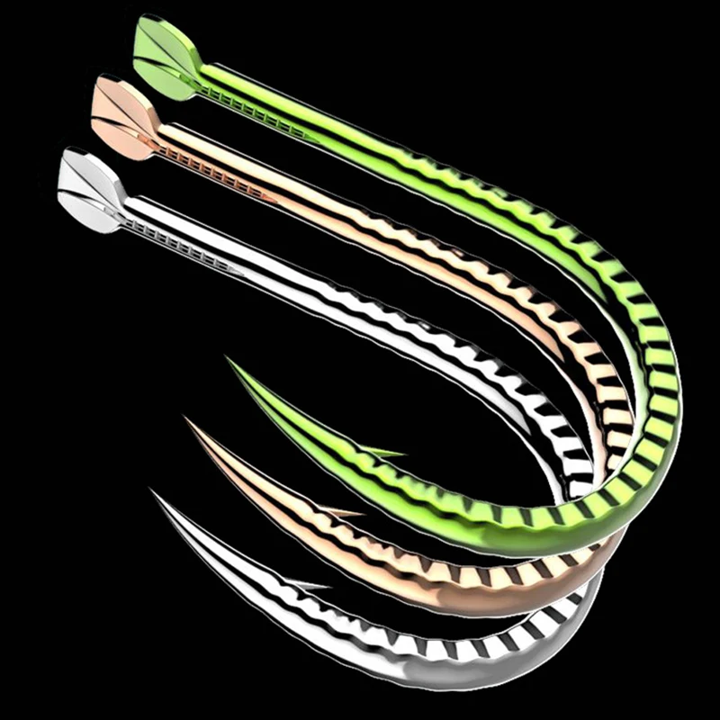 Anzuelos de pesca con púas, anzuelos de acero con alto contenido de carbono, plantilla de pesca, color verde dorado y plateado, anzuelos de pesca reforzados, 30 unids/lote por paquete - imagen 3