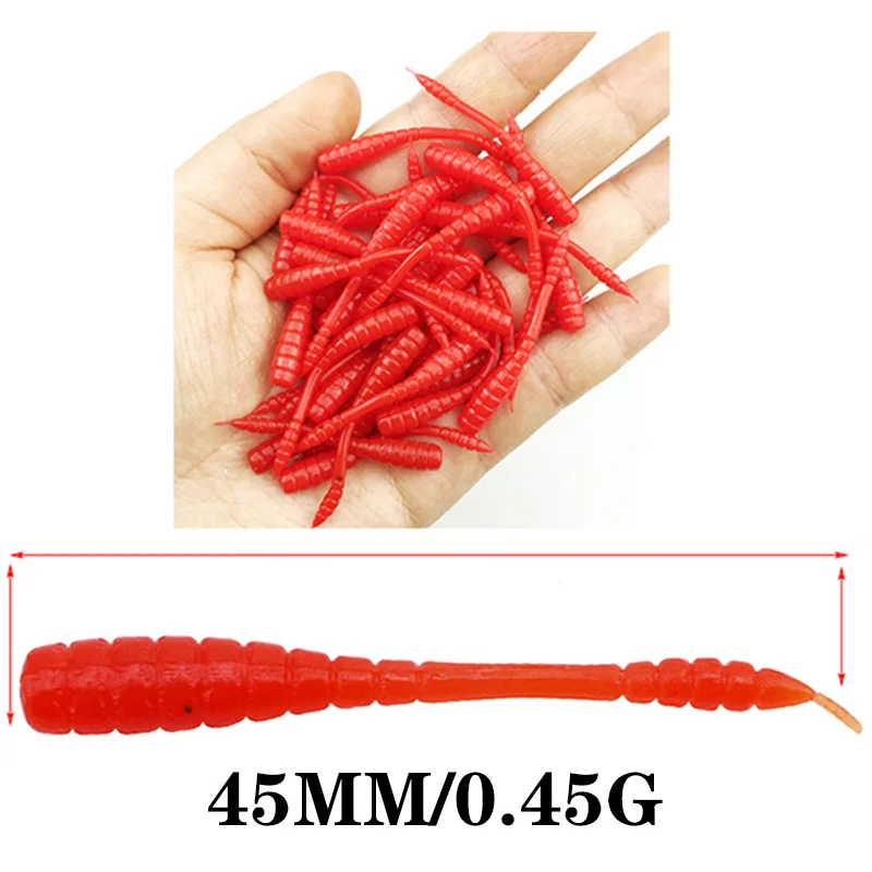 50 unids/lote de señuelos blandos de gusano rojo, 4,5 cm, pesca de lubina, olor a pescado, lombriz de tierra realista con sal, cebo Artificial de silicona, aparejos de carpa