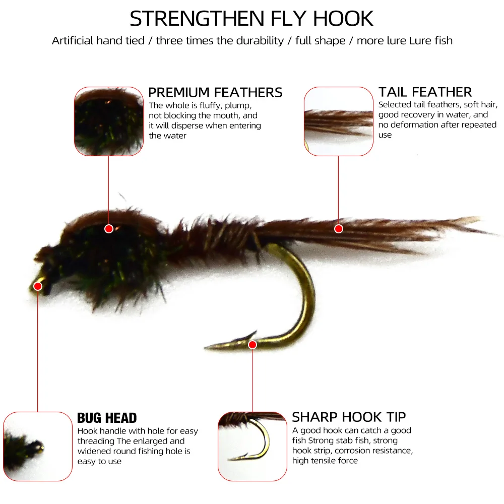 MNFT 10PCS 14 #   Pesca moscas cola de faisán Natural ninfa trucha pesca cebo anzuelos - imagen 2