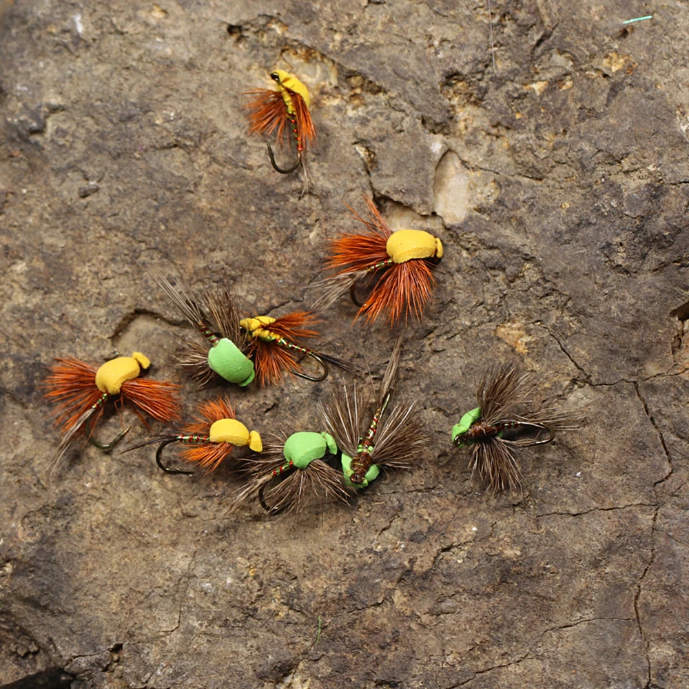 Bimoo 6PCS # 12 # 14 moscas de espuma de pelo de ciervo, pesca de lubina, trucha, mosca seca flotante, cebos artificiales, verde, amarillo - imagen 5