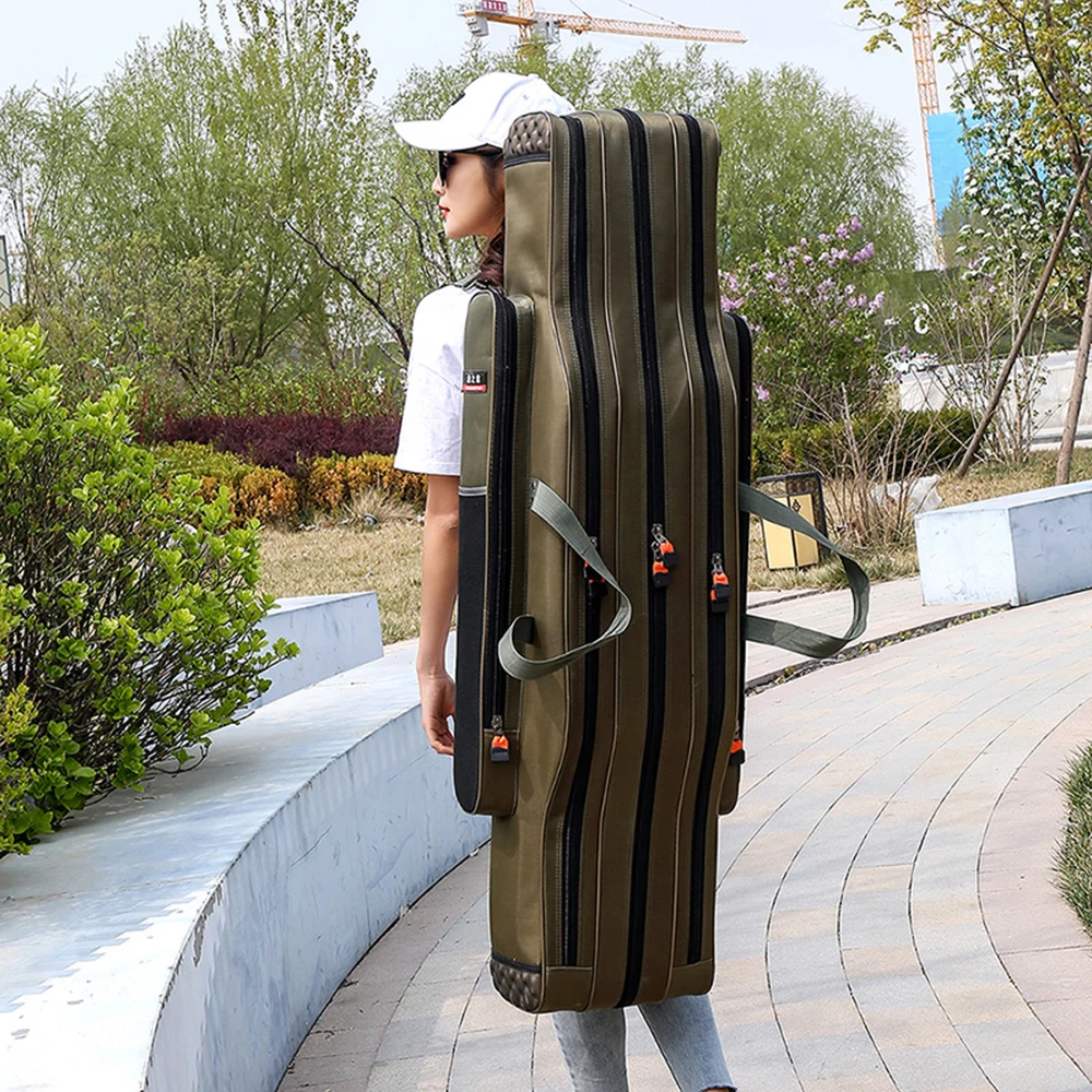 Bolsas de pesca gruesas de tres capas, bolsa de aparejos de caña de pescar de gran capacidad, 100/120/130cm con bolsa lateral de red, accesorio de pesca X306G - imagen 3