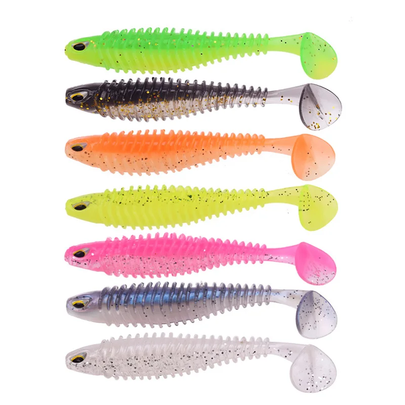 5 unids/lote Shad pesca señuelo suave 4,5g/80mm cebo de silicona lubina ojos 3D gusano Jig Head Wobblers aparejos de natación de goma Artificial - imagen 5