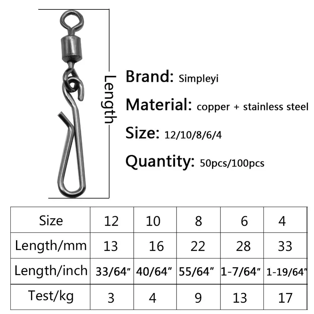Conector giratorio de pesca de 50-100 unids/caja, Pin de enclavamiento 4 #-12 #, giratorio para señuelo de anzuelo, accesorios de broche de pez de carpa - imagen 2