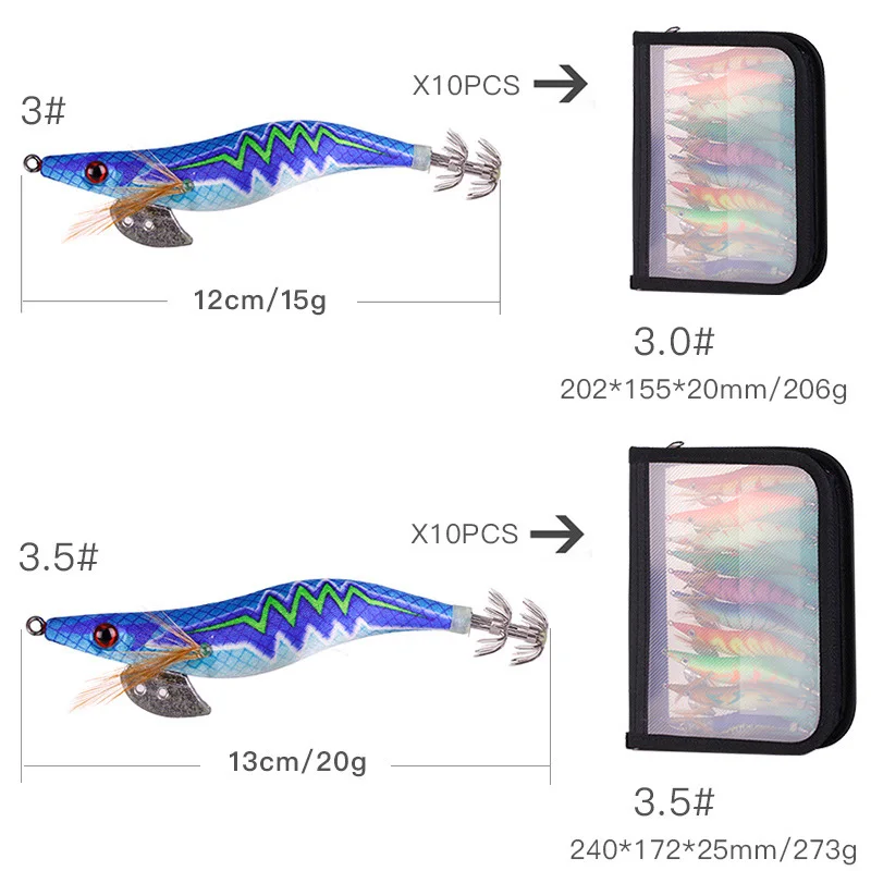 Mosodo-Señuelos de Pesca de calamar, anzuelos de calamar que se hunden, 3,0 #3,5 #, aparejos de pesca con anzuelos de calamar, cebo duro luminoso de Camarón, 10 Uds. - imagen 3