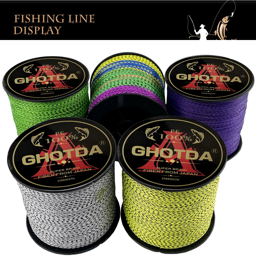 Una exhibición de línea de pesca con diferentes colores