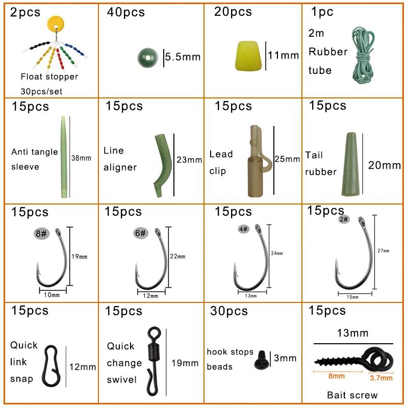 Kit de aparejos de pesca de carpa, 265 Uds., clips giratorios mate, agujas de cebo, anzuelo de carpa para Terminal, aparejos de carpa preatados, accesorios de pesca - imagen 2