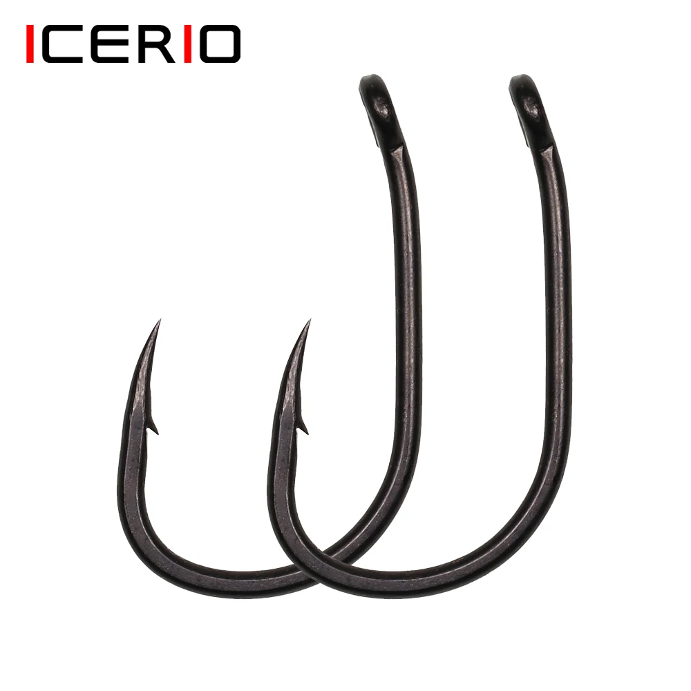 ICERIO-anzuelos de pesca de carpa, gancho de aparejo con púas, de acero al carbono, Punta curvada, color negro mate, 100 piezas