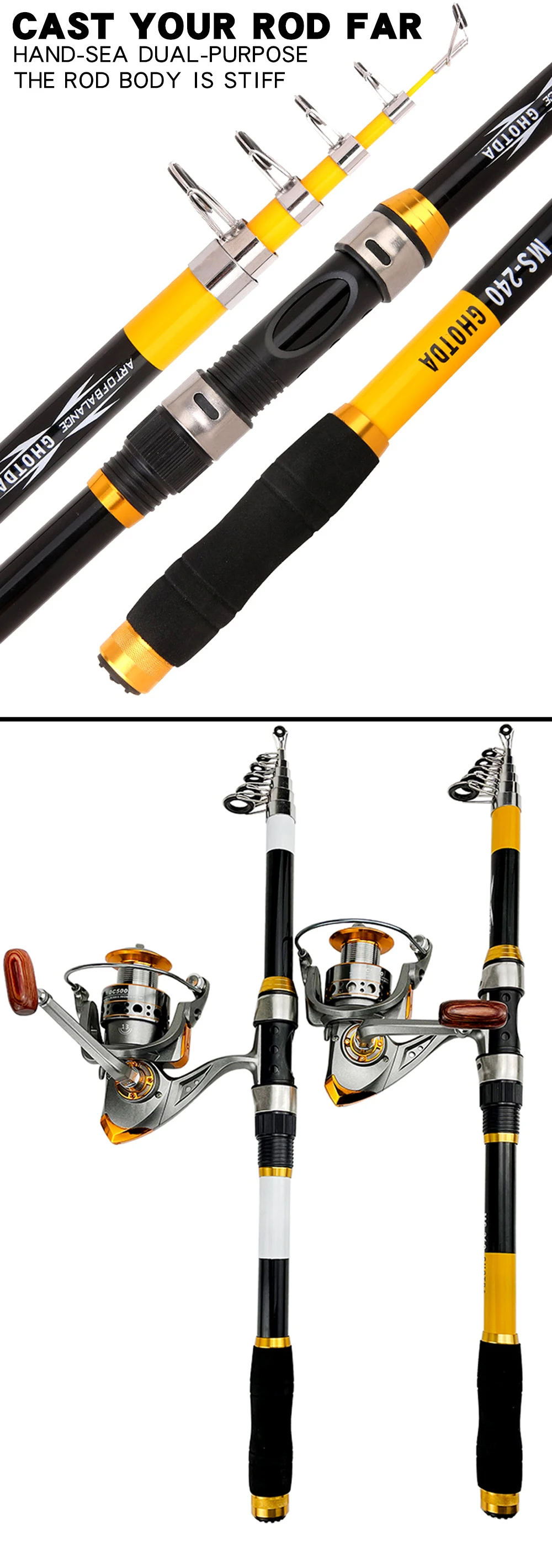 Un conjunto de cañas de pescar con diferentes características. La parte superior de la imagen muestra las cañas en su posición extendida, resaltando el mango y el portacarretes donde se sujetaría el carrete de pesca. El texto CAST YOUR ROD FAR sugiere que estas cañas están diseñadas para lanzar largas distancias.