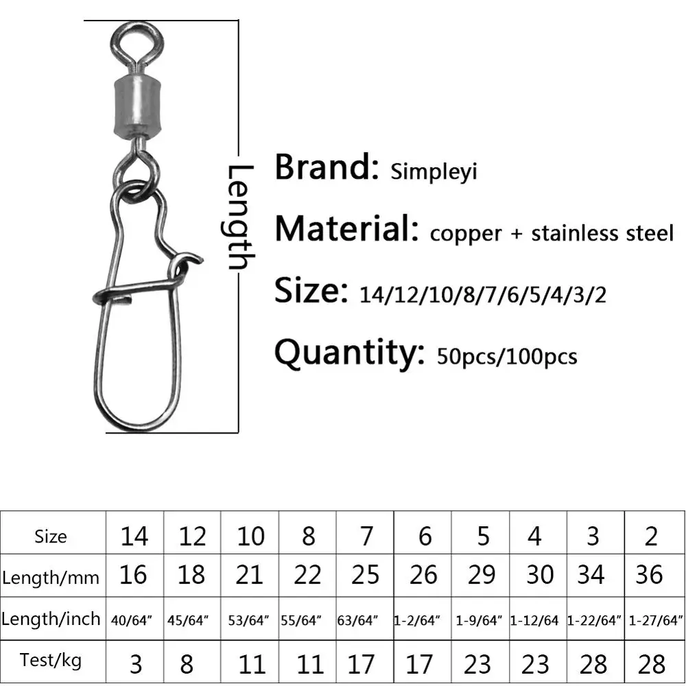 Broches de pesca de acero inoxidable, conector giratorio de pesca con broche, señuelo de anzuelo, accesorios de aparejos, 2 #4 #6 #-12 #14 #, 50/100 unids/lote por caja - imagen 2