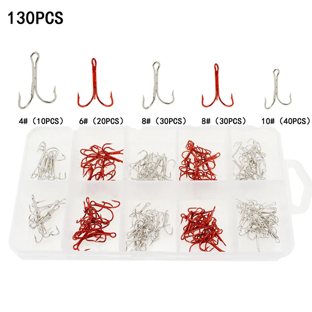130 unids/caja anzuelos de aparejos de pesca blanco negro rojo anzuelos 4 # -10 #   Anzuelos de pesca triples de acero con alto contenido de carbono, accesorios para aparejos de mar - imagen 5
