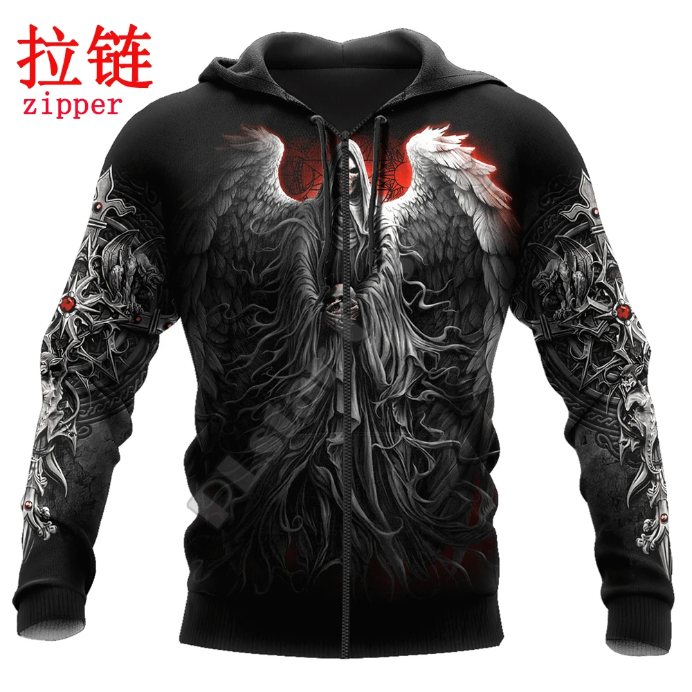 Reaper Skull With Angel Wings 3D completamente estampado Sudadera con capucha y sudadera para hombre otoño Unisex Zip sudaderas con capucha ropa deportiva Casual KJ854 - imagen 5