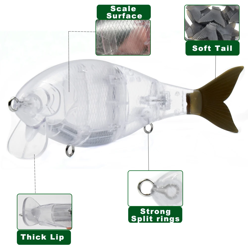 CCLTBA-señuelo de pesca Topwater Wobbler Swimbait, 18,5 cm, 60g, 3 segmentos, sin pintar, cebo articulado, sábalo en blanco, flotante, enlace de Metal, cola suave - imagen 2