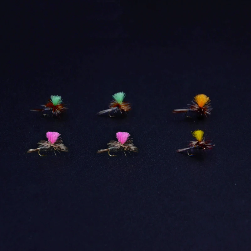 Pack de 6 moscas secas Adams Paracaídas en naranja, amarillo, verde y rosa