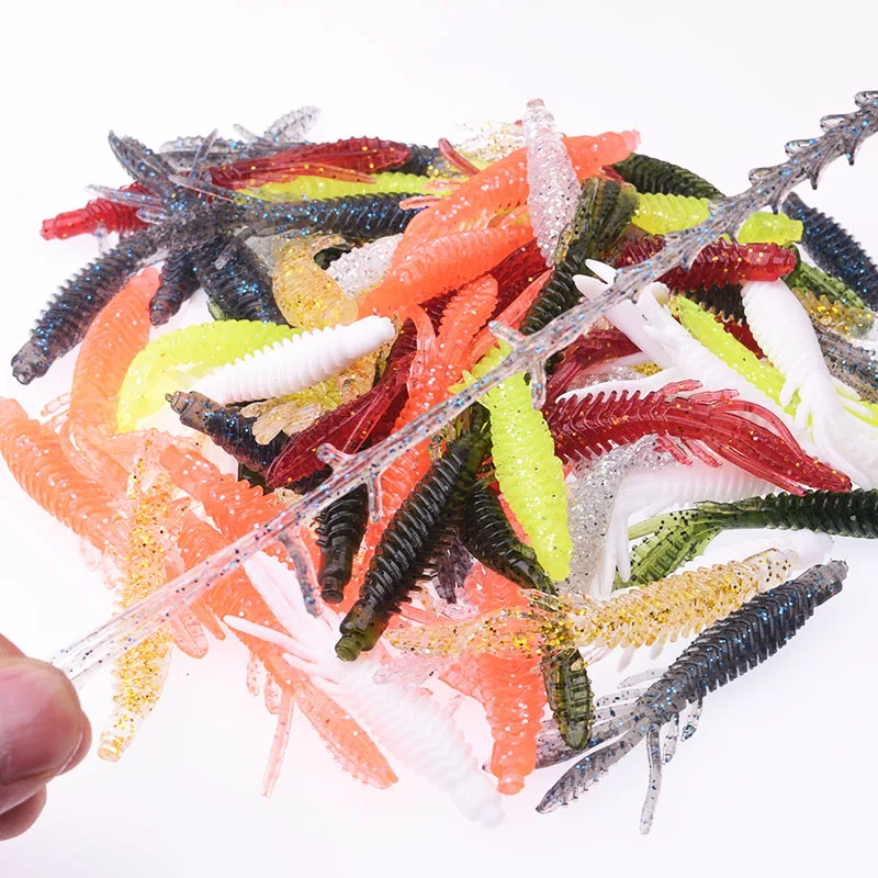 Wobblers flotantes de Camarón, cebo suave de 7cm, 2g, olor a pescado con sal, gusano de silicona, de pesca señuelo, plantilla giratoria, señuelos de natación Twintail, 10 Uds. - imagen 3