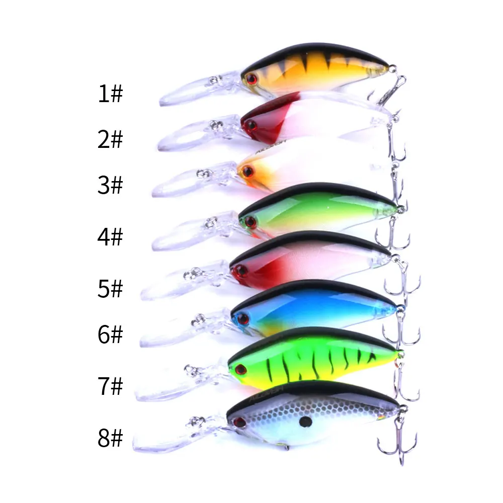 Una fila de señuelos de pesca con números y colores