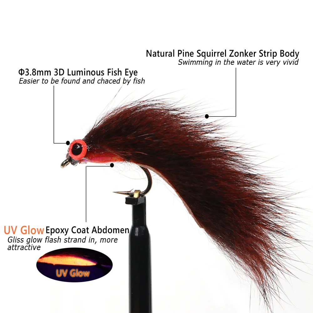 Bimoo 4PCS # 6 # 8 tiras de ardilla UV Zonker Streamer mosca oliva y rojo marrón Steelhead lubina trucha Lucio agua salada señuelo de pesca cebo - imagen 2