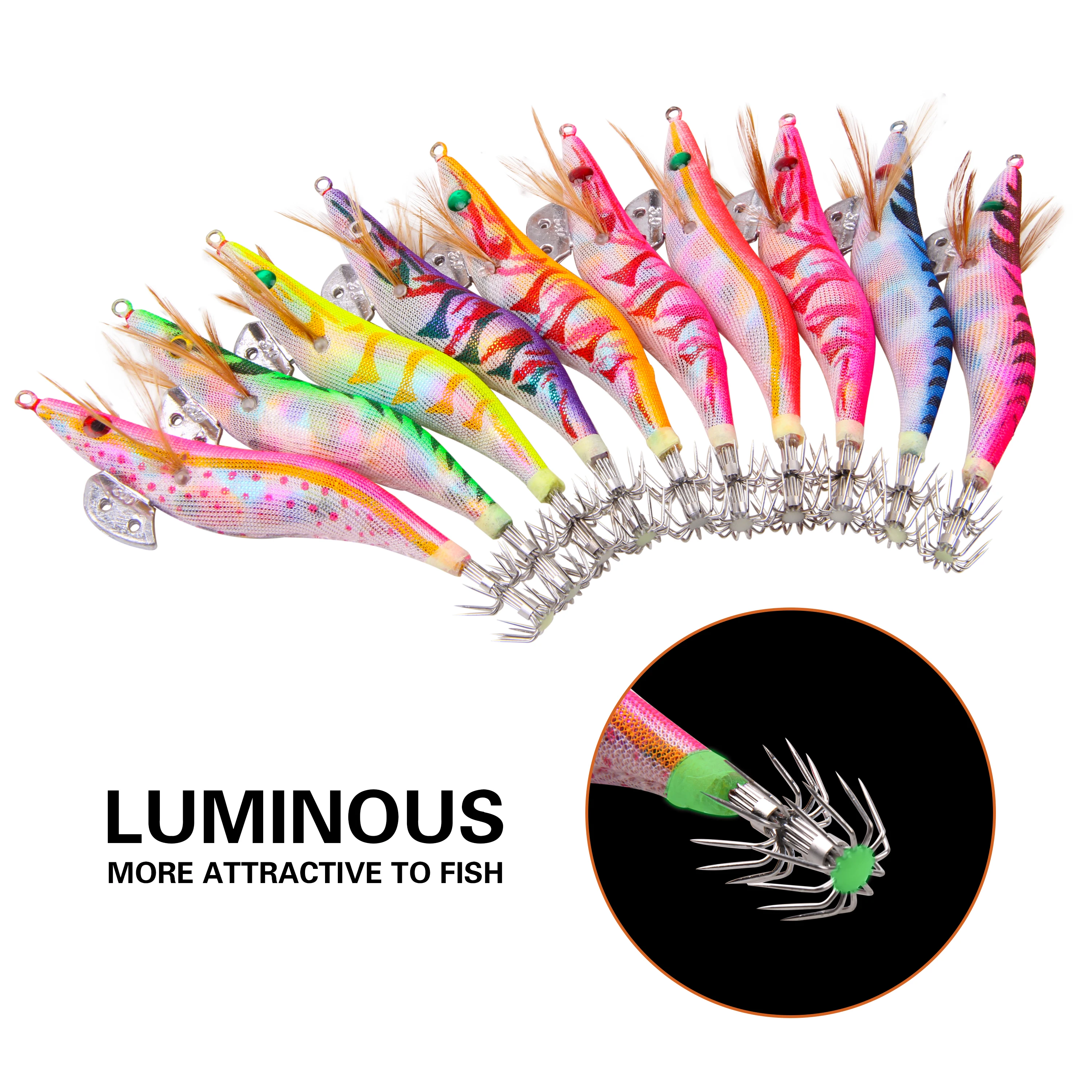 Anzuelo luminoso de calamar, Señuelos de Pesca duros artificiales de madera, 10cm-13,5 cm, 10 unidades