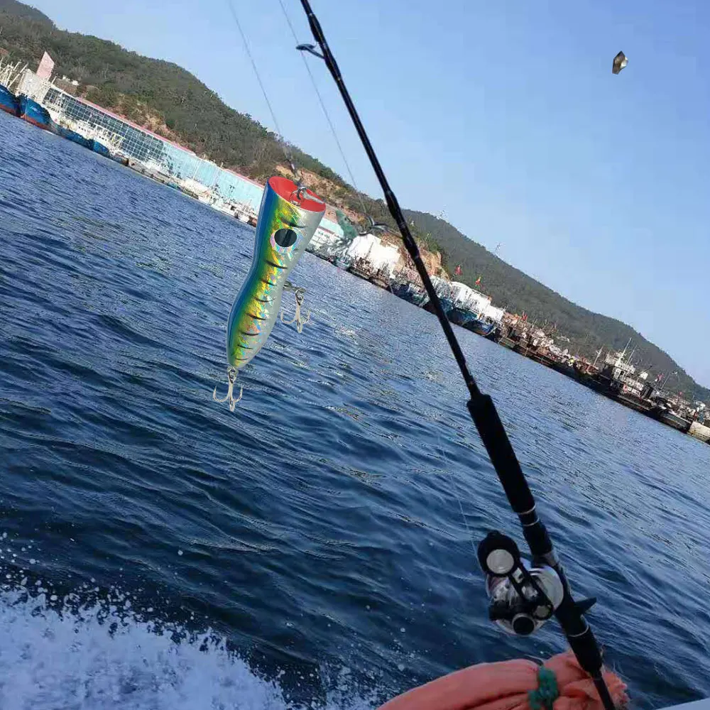 Una caña de pescar con un pez en el extremo