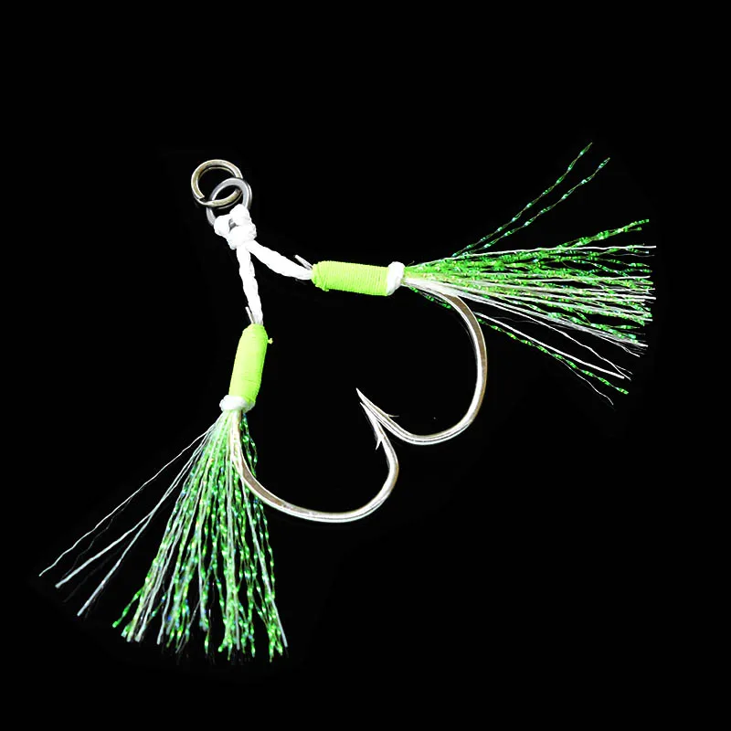 Anzuelo de asistencia de doble jiging, cabeza de plantilla de Metal, acero al carbono con pluma, 1/0, 3/0, 4/0, 5/0, 6/0, 2 unids/lote por paquete - imagen 3